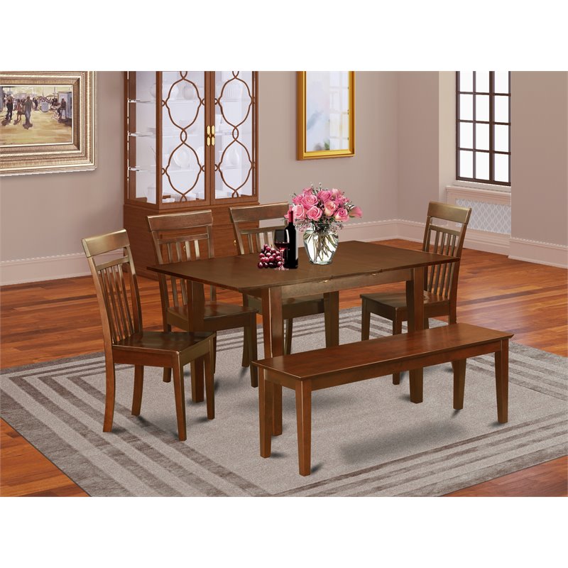 East West Furniture Milan 6-piece Wood Kitchen Table Set with Bench in Mahogany