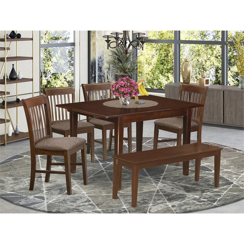 East West Furniture Milan 6-piece Wood Dining Table Set with Bench in Mahogany