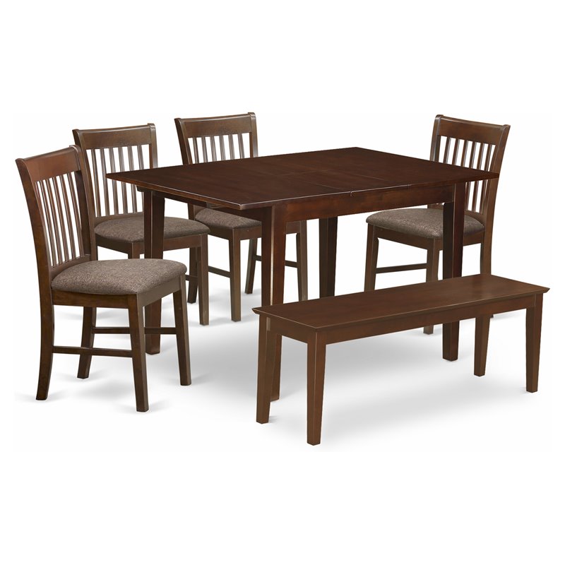 East West Furniture Milan 6-piece Wood Dining Table Set with Bench in Mahogany