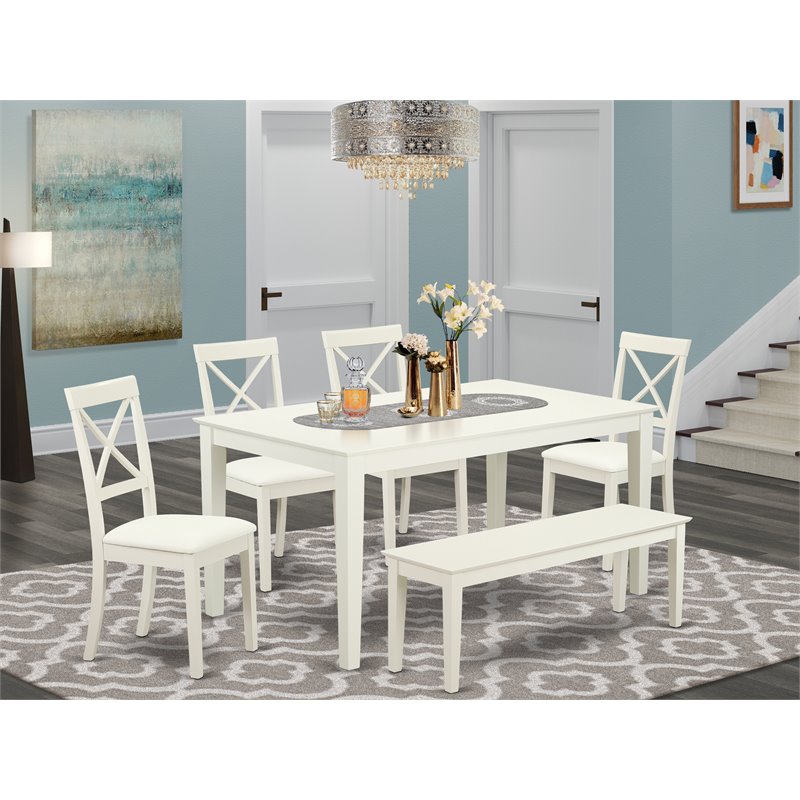 East West Furniture Capri 6-piece Wood Dining Table Set in Linen White