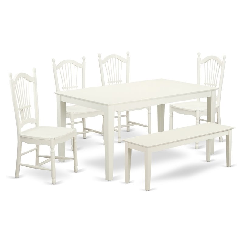 East West Furniture Capri 6-piece Wood Dining Set with Bench in Linen White