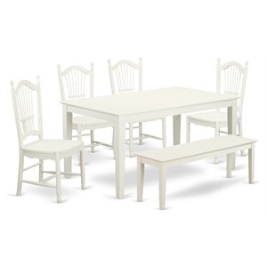East West Furniture Capri 6-piece Wood Dining Set with Bench in Linen White