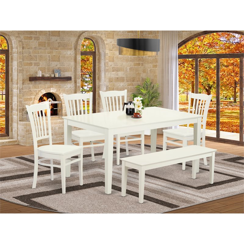 East West Furniture Capri 6-piece Wood Dining Set with 1 Bench in Linen White