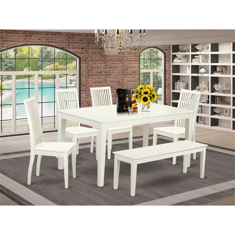 East West Furniture Capri 6-piece Wood Kitchen Table Set in Linen White