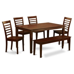 East West Furniture Capri 6-piece Wood Kitchen Table Set with Bench in Mahogany