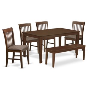 East West Furniture Capri 6-piece Wood Dining Table Set with Bench in Mahogany