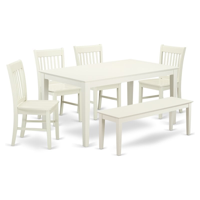 East West Furniture Capri 6-piece Wood Dining Table Set with Bench in White