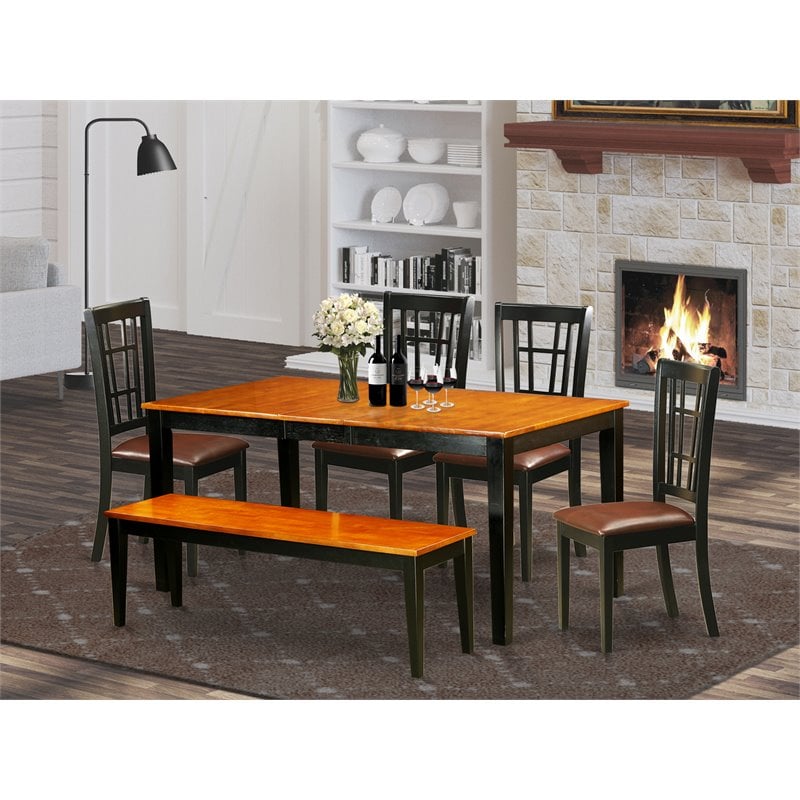 East West Furniture Nicoli 6-piece Wood Dining Set with Bench in Black/Cherry