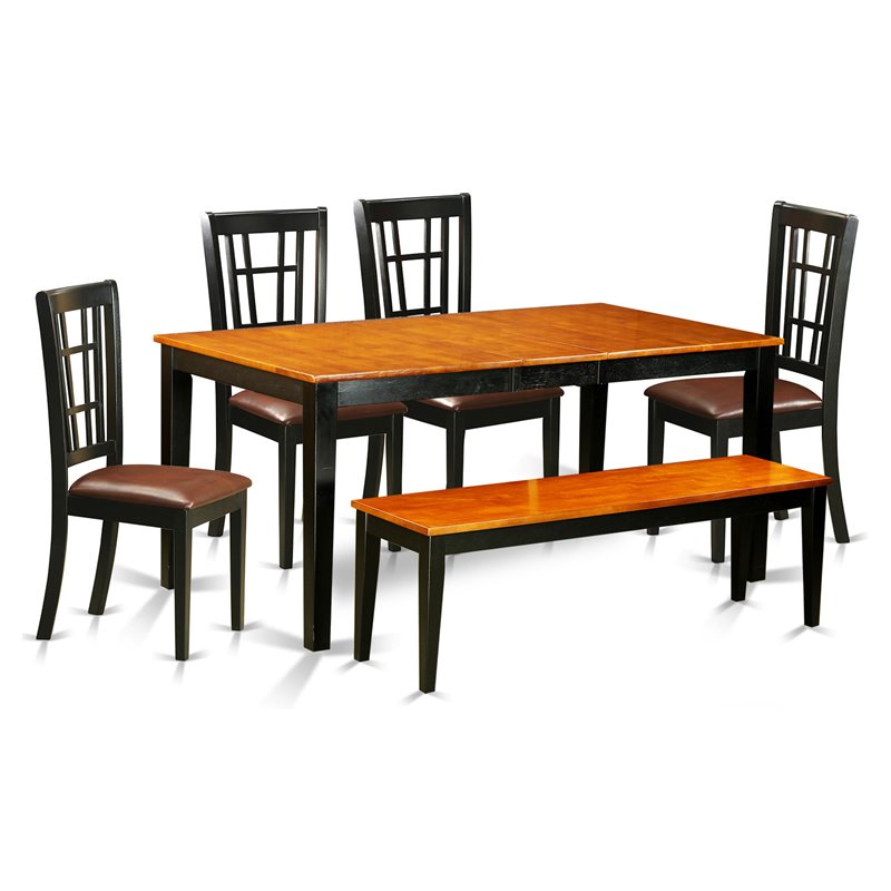East West Furniture Nicoli 6-piece Wood Dining Set with Bench in Black/Cherry