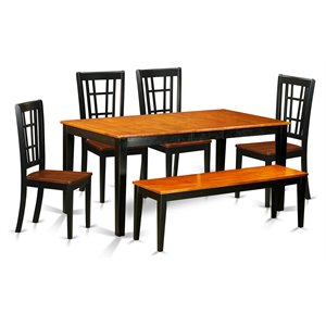 East West Furniture Nicoli 6-piece Dining Table Set with Bench in Black/Cherry