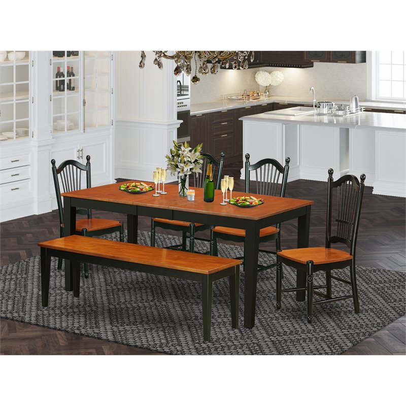 East West Furniture Nicoli 6-piece Dining Room Set with Bench in Black/Cherry