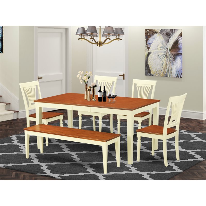 East West Furniture Nicoli 6-piece Dinette Set with Bench in Buttermilk/Cherry