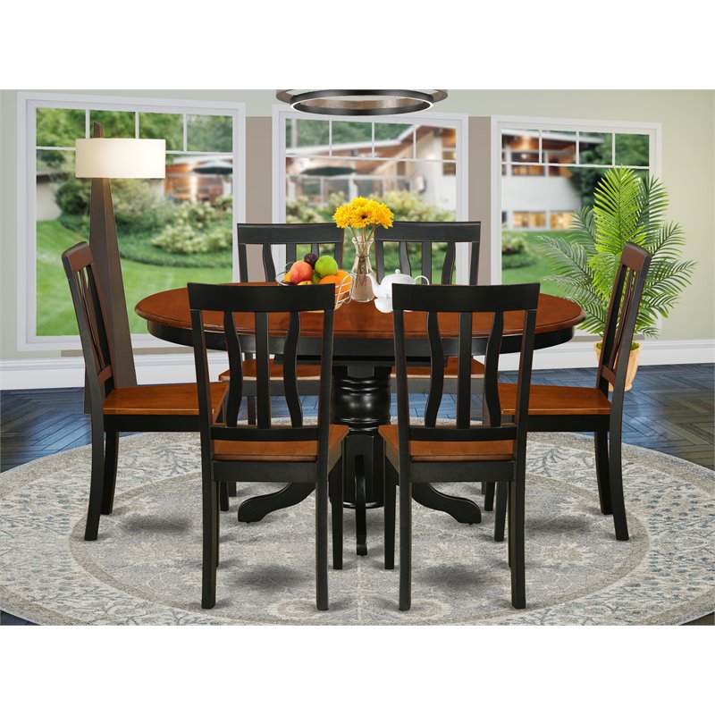East West Furniture Avon 7-piece Dining Set with Wood Seat in Black/Cherry