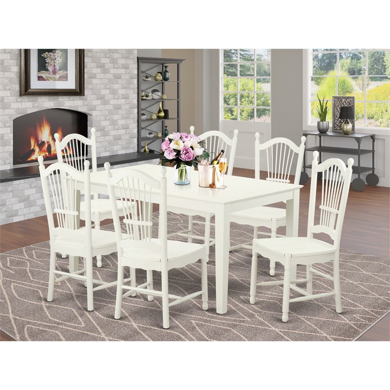East West Furniture Capri 7-piece Wood Dining Table and Chair Set in Linen White