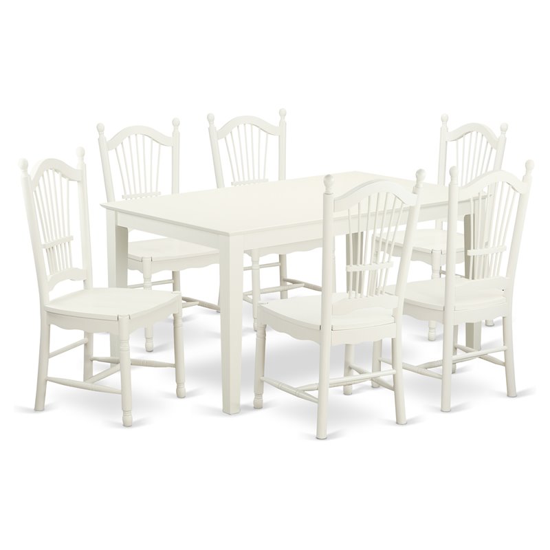 East West Furniture Capri 7-piece Wood Dining Table and Chair Set in Linen White