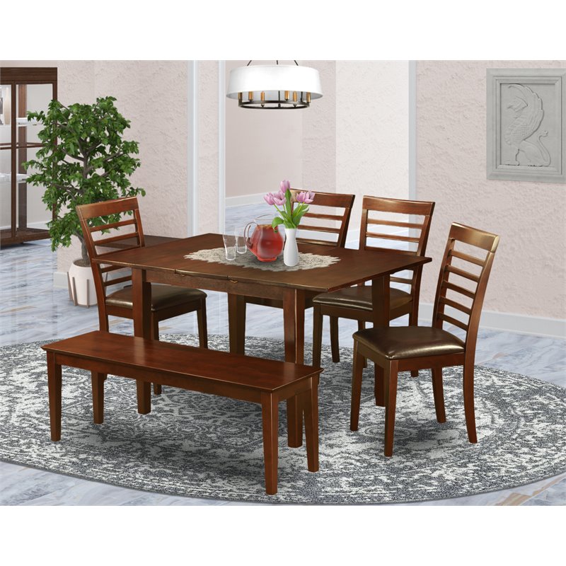 East West Furniture Picasso 6-piece Kitchen Table Set with Bench in Mahogany