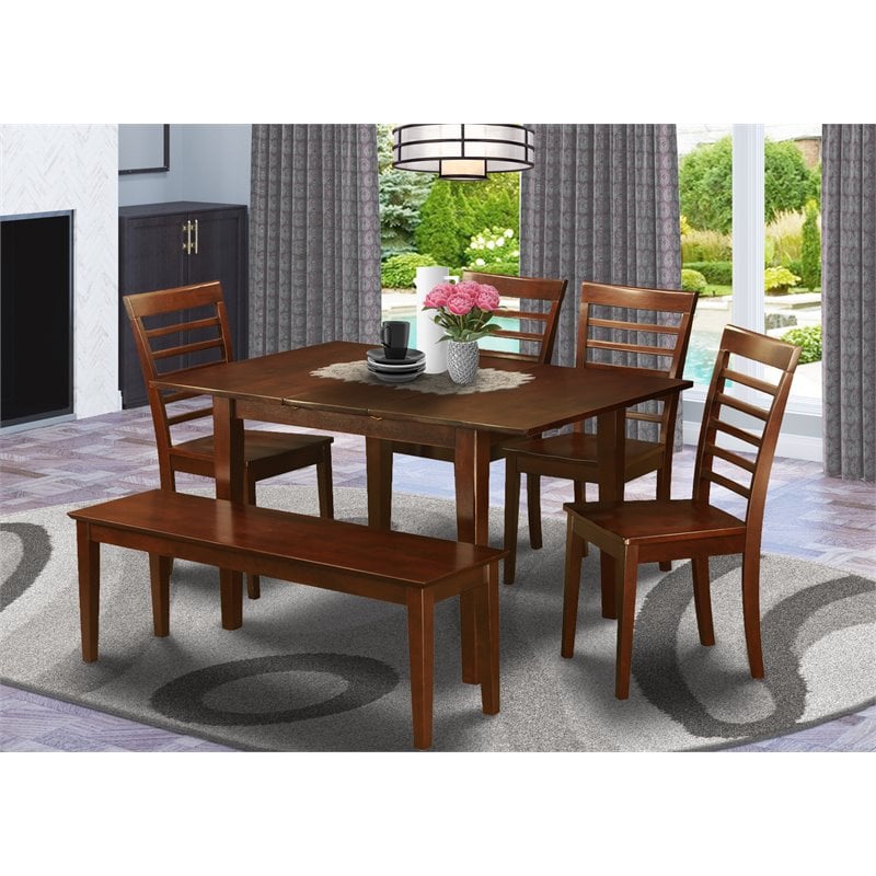 East West Furniture Picasso 6-piece Wood Dining Set with Bench in Mahogany