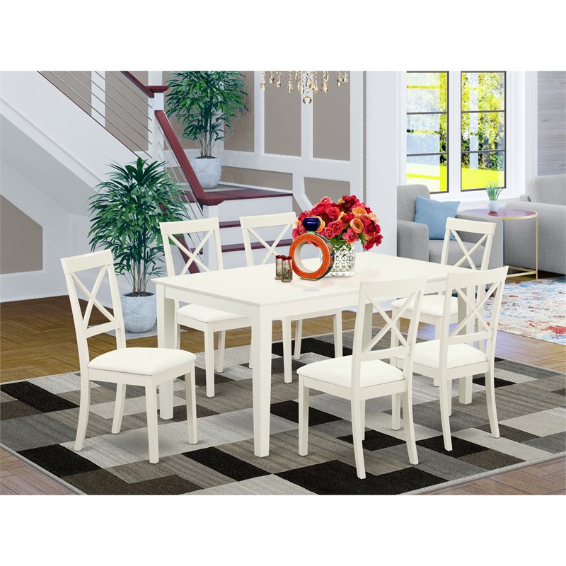 East West Furniture Capri 7-piece Wood Dining Set with Leather Seat in White