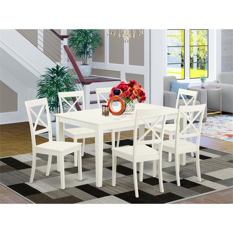 East West Furniture Capri 7-piece Wood Dining Room Set in Linen White