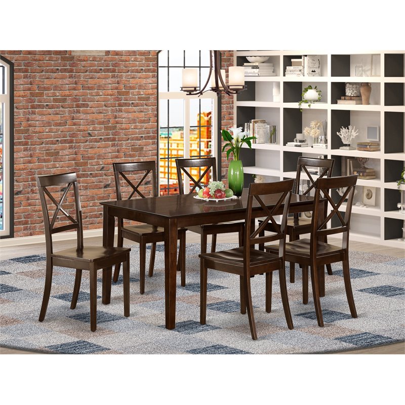 East West Furniture Capri 7-piece Wood Dining Table and Chair Set in Cappuccino