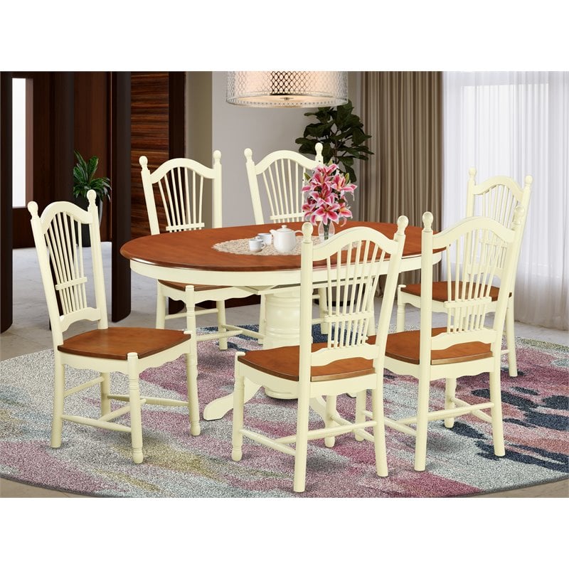 East West Furniture Avon 7-piece Wood Dining Table Set in Buttermilk/Cherry