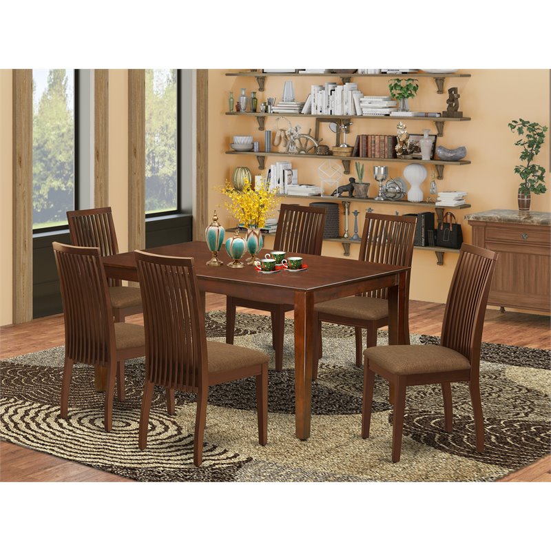 East West Furniture Capri 7-piece Wood Dining Table and Chair Set in Mahogany