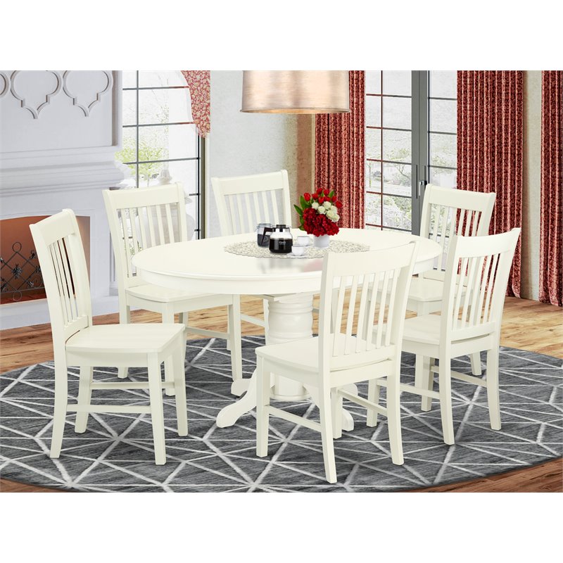 East West Furniture Avon 7-piece Wood Dining Table and Chairs in Linen White