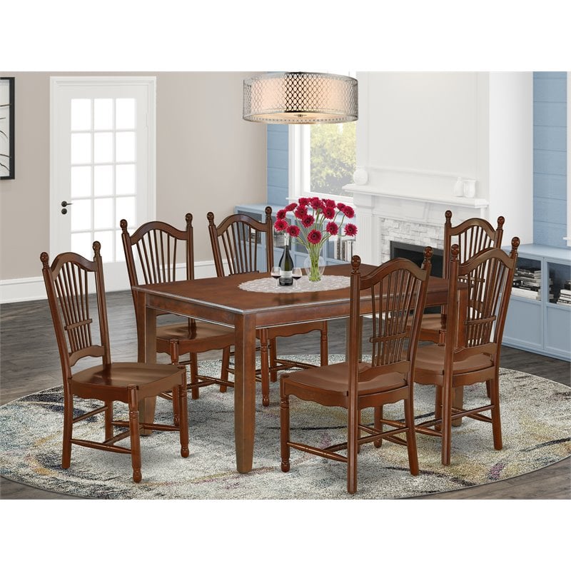 East West Furniture Dudley 7-piece Wood Table and Kitchen Chair Set in Mahogany