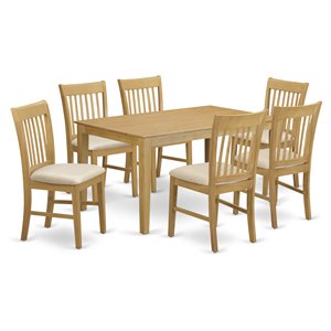 East West Furniture Capri 7-piece Wood Dining Set with Fabric Chairs in Oak