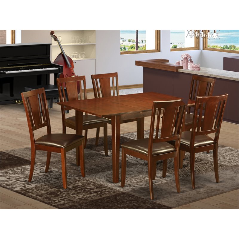 East West Furniture Milan 7-piece Wood Dining Set with Leather Seat in Mahogany