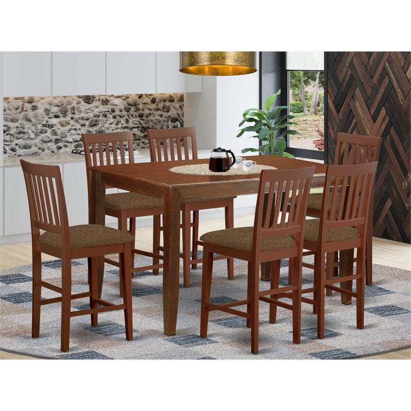 East West Furniture Dudley 7-piece Wood Dining Set with Fabric Seat in Mahogany