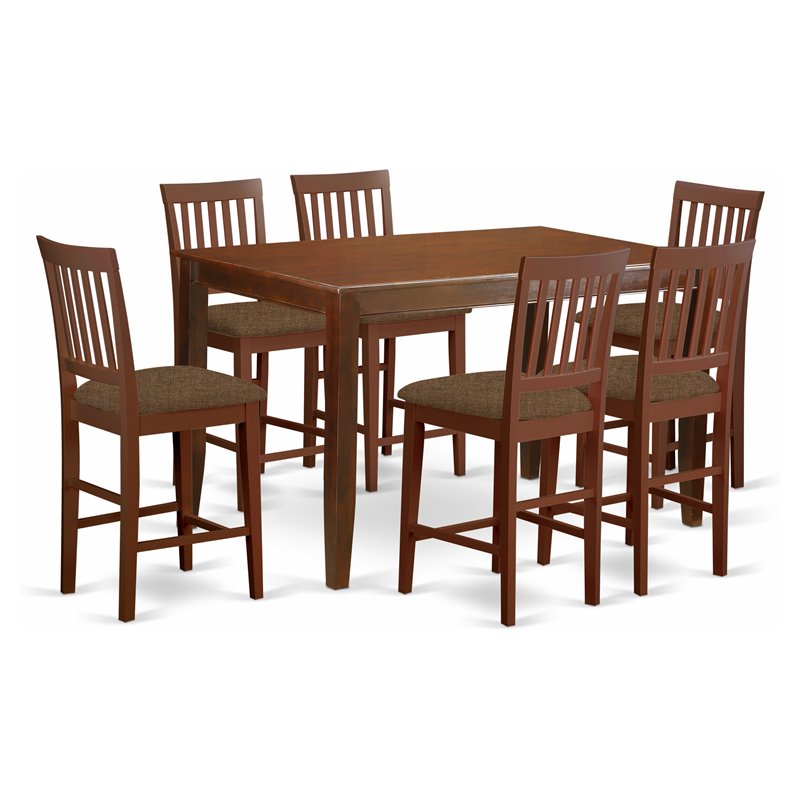 East West Furniture Dudley 7-piece Wood Dining Set with Fabric Seat in Mahogany