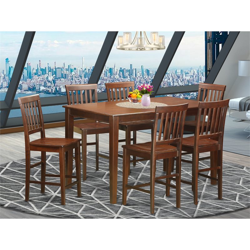 East West Furniture Dudley 7-piece Wood Dining Set with Bar Stools in Mahogany