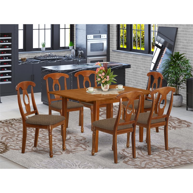 East West Furniture Milan 7-piece Wood Dining Set w/ Linen Seat in Saddle Brown