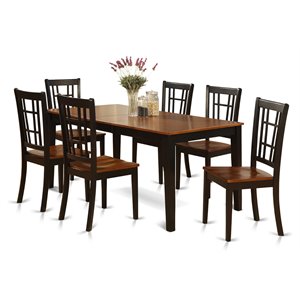 East West Furniture Nicoli 7-piece Dining Set with Wood Seat in Black/Cherry