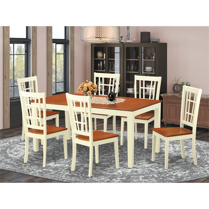 East West Furniture Nicoli 7-piece Dining Set w/ Wood Seat in Buttermilk/Cherry