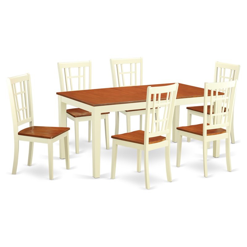 East West Furniture Nicoli 7-piece Dining Set w/ Wood Seat in Buttermilk/Cherry