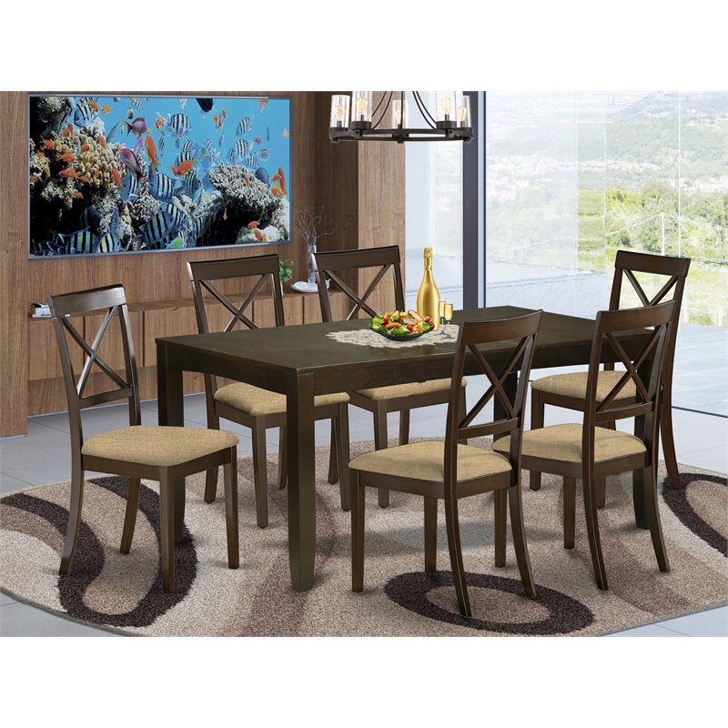 East West Furniture Lynfield 7-piece Dining Set with Linen Seat in Cappuccino