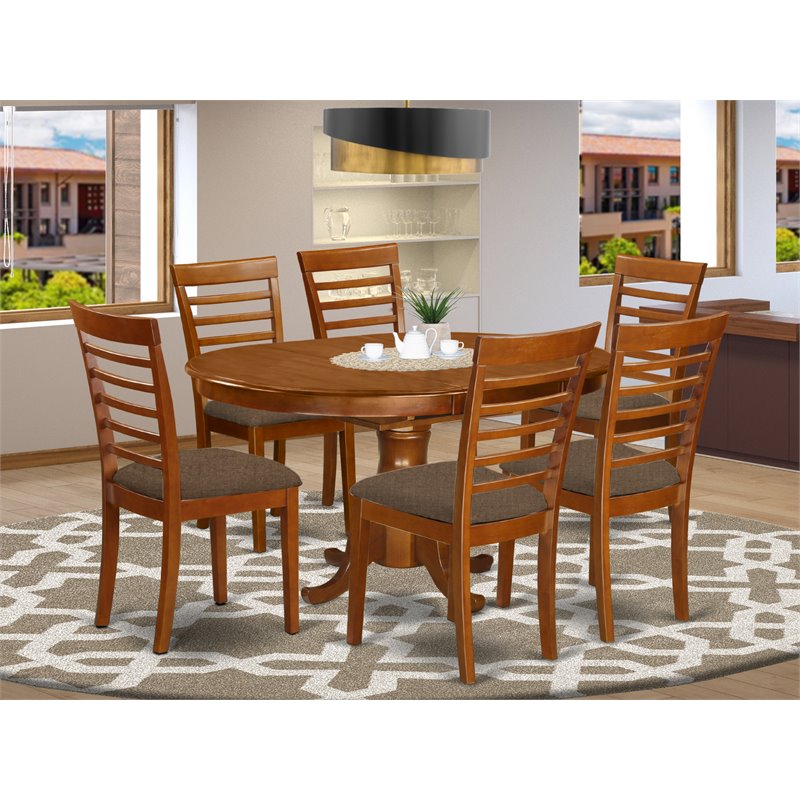 East West Furniture Portland 7-piece Wood Dining Set with Fabric Seat in Brown