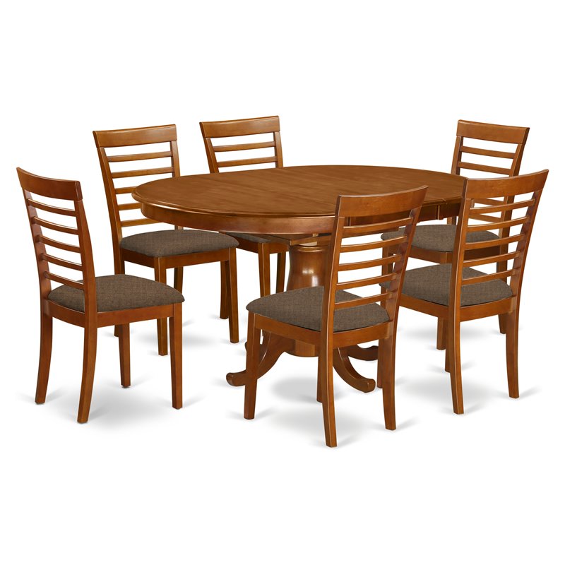 East West Furniture Portland 7-piece Wood Dining Set with Fabric Seat in Brown