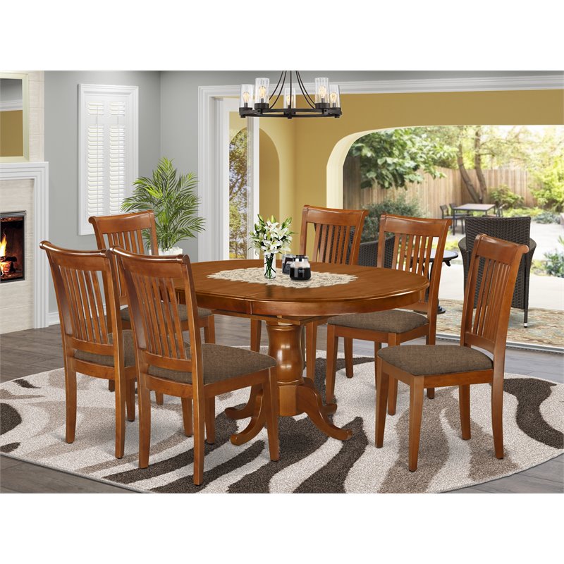 East West Furniture Portland 7-piece Wood Dining Table Set in Saddle Brown