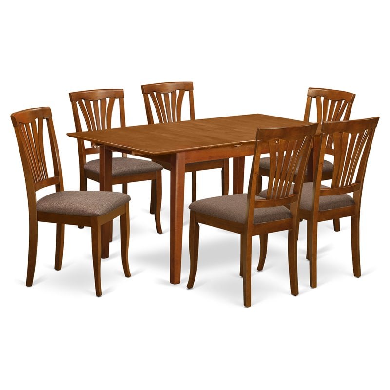 East West Furniture Picasso 7-piece Dining Set with Linen Seat in Saddle Brown