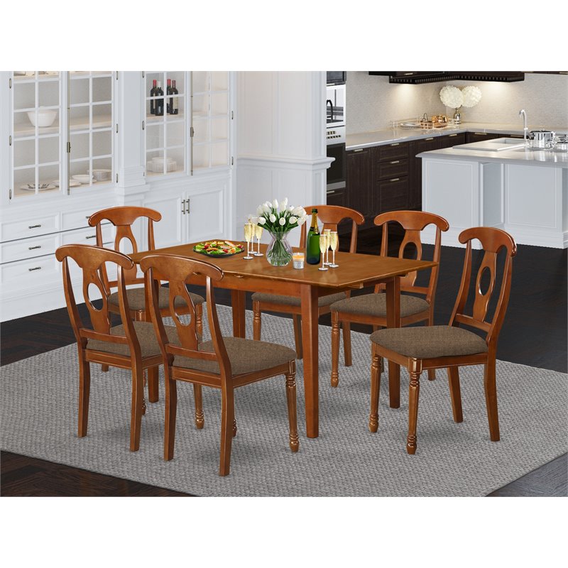 East West Furniture Picasso 7-piece Dining Set with Cushion Seat in Saddle Brown