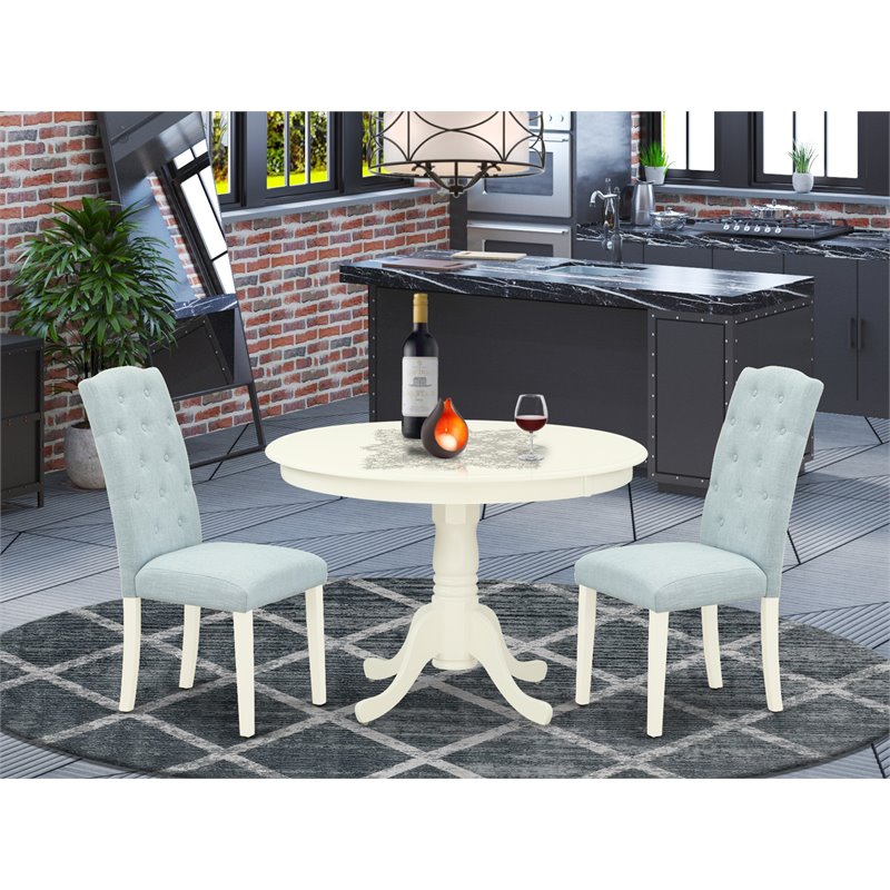 East West Furniture Hartland 3-piece Wood Dining Set in Linen White/Baby Blue