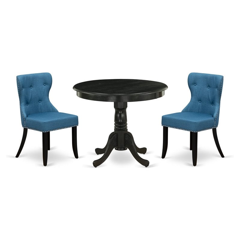 East West Furniture Antique 3-piece Wood Dining Set in Black/Mineral Blue