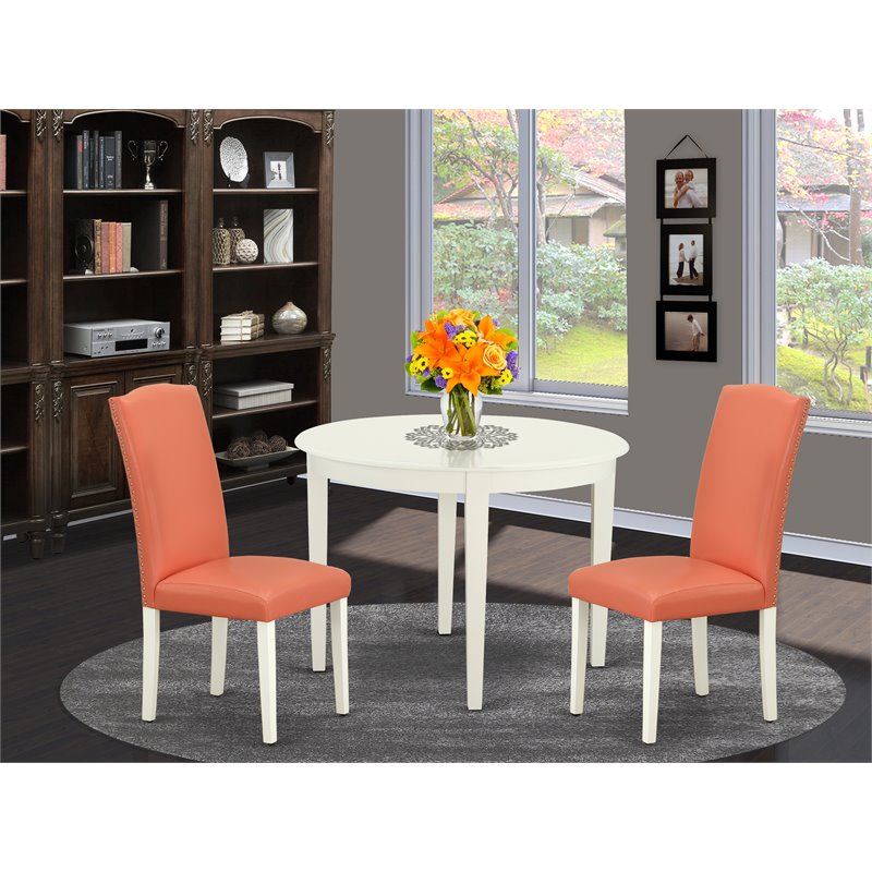 East West Furniture Boston 3-piece Wood Dining Set in Linen White/Pink Flamingo