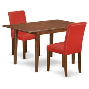 East West Furniture Milan 3-piece Wood Dining Set with Leather Seat in Mahogany
