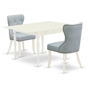 East West Furniture Monza 3-piece Wood Dining Table Set in Linen White/Baby Blue