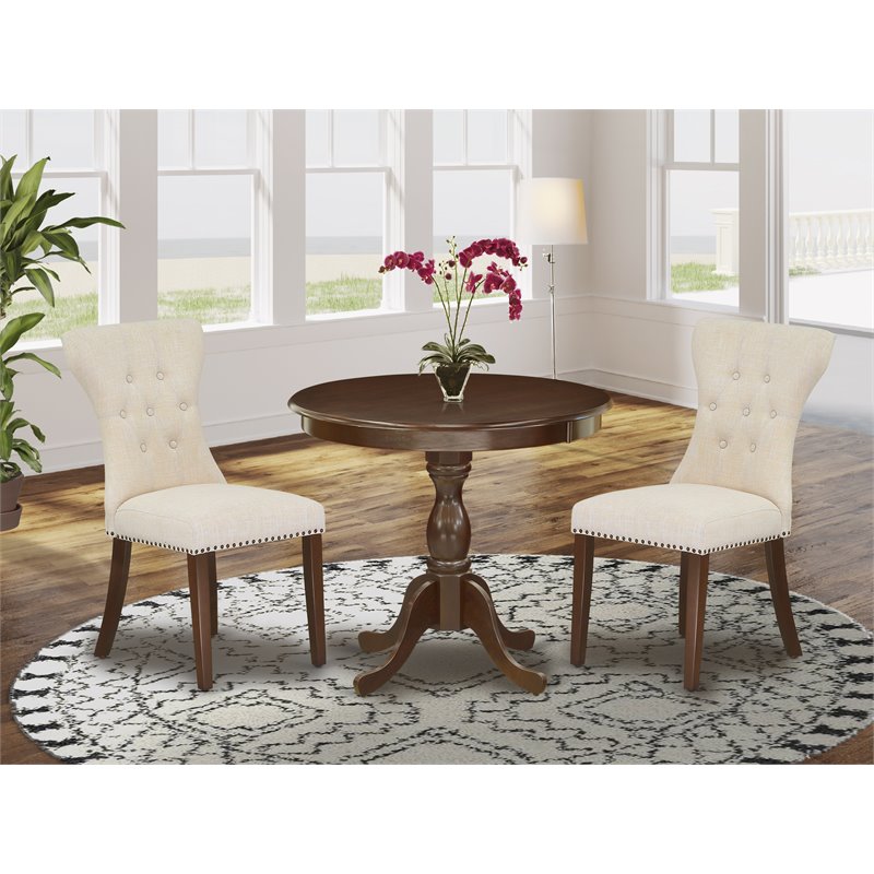 East West Furniture Antique 3-piece Dining Set w/ Button Tufted Back in Mahogany