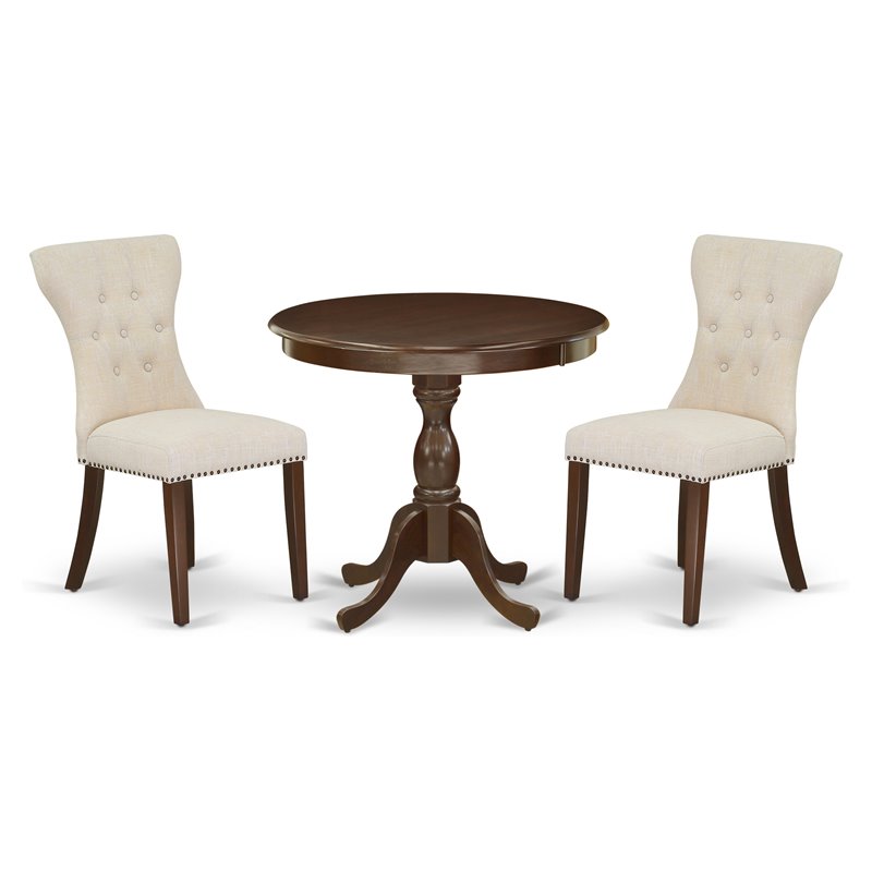 East West Furniture Antique 3-piece Dining Set w/ Button Tufted Back in Mahogany
